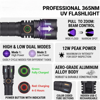 Preview: Infinio PRO ZOOM FOCUS 365nm Schwarzlicht UV-Taschenlampe