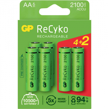 Preview: GP Recyko NiMH AA Mignon 4+2 2100 mAh R2U - 6er Blister