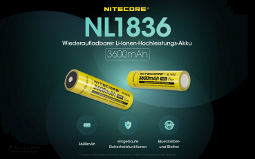 Preview: Nitecore 18650 battery 3600mAh - NL1836 IC Protected