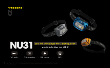 Preview: Nitecore Pro Kopfleuchte NU31 blau - 550 Lumen