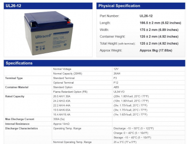 Ultracell 12-26 VdS Bleigel 12V 26Ah 166x175x125