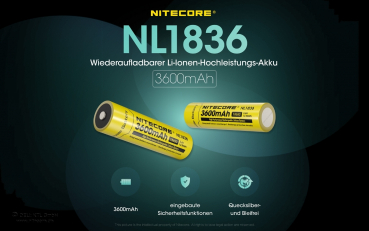 Preview: Nitecore 18650 battery 3600mAh - NL1836 IC Protected