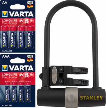 Varta Longlife Maxpower Aktionspaket + Zugabe Stanley Bügelschloss