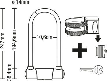 Preview: STANLEY U-lock bicycle 14mm x 247 mm, 3 keys, S755-201, bicycle lock with holder