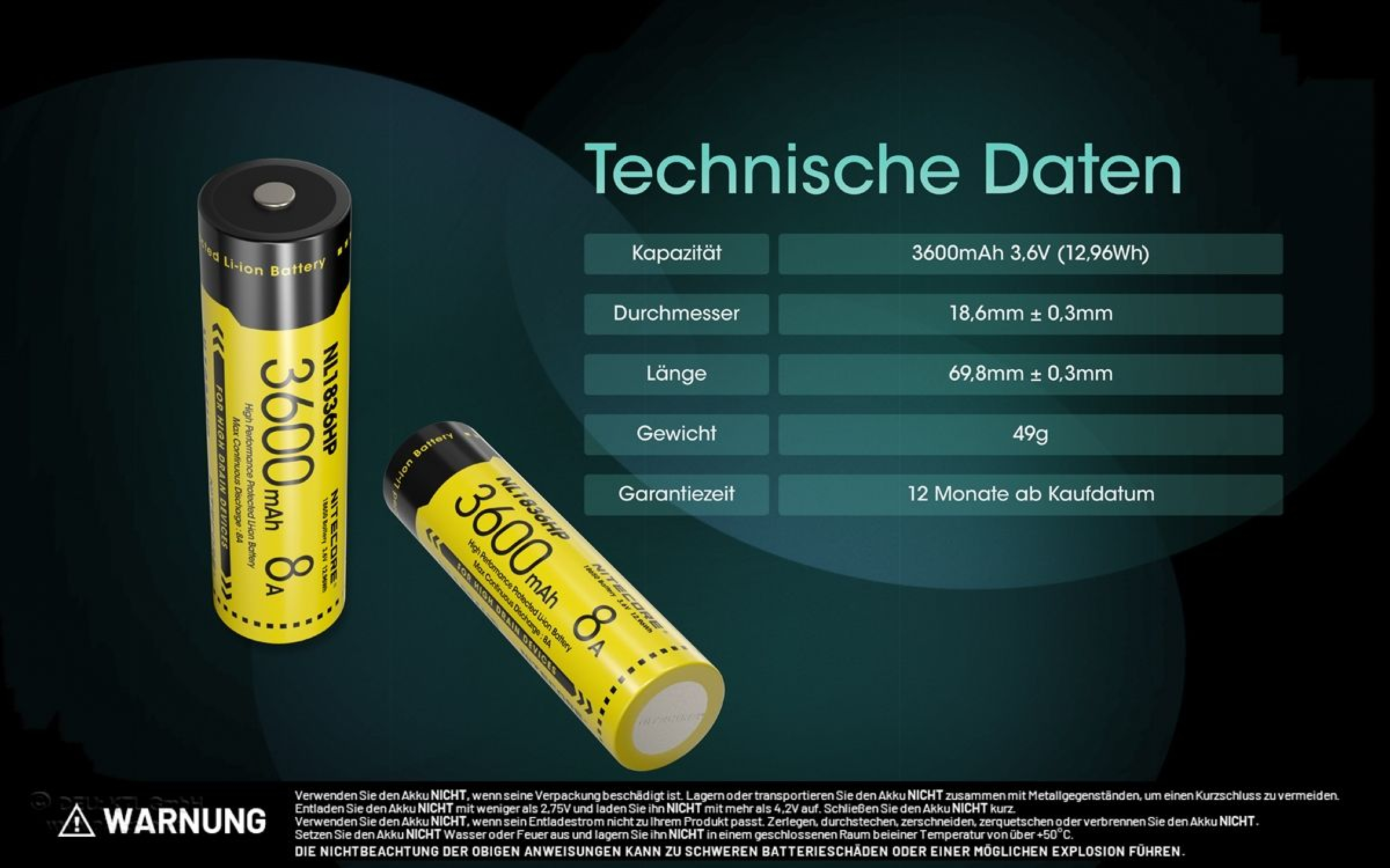 Nitecore 18650 Akku 3,6V 3600mAh NL1836HP