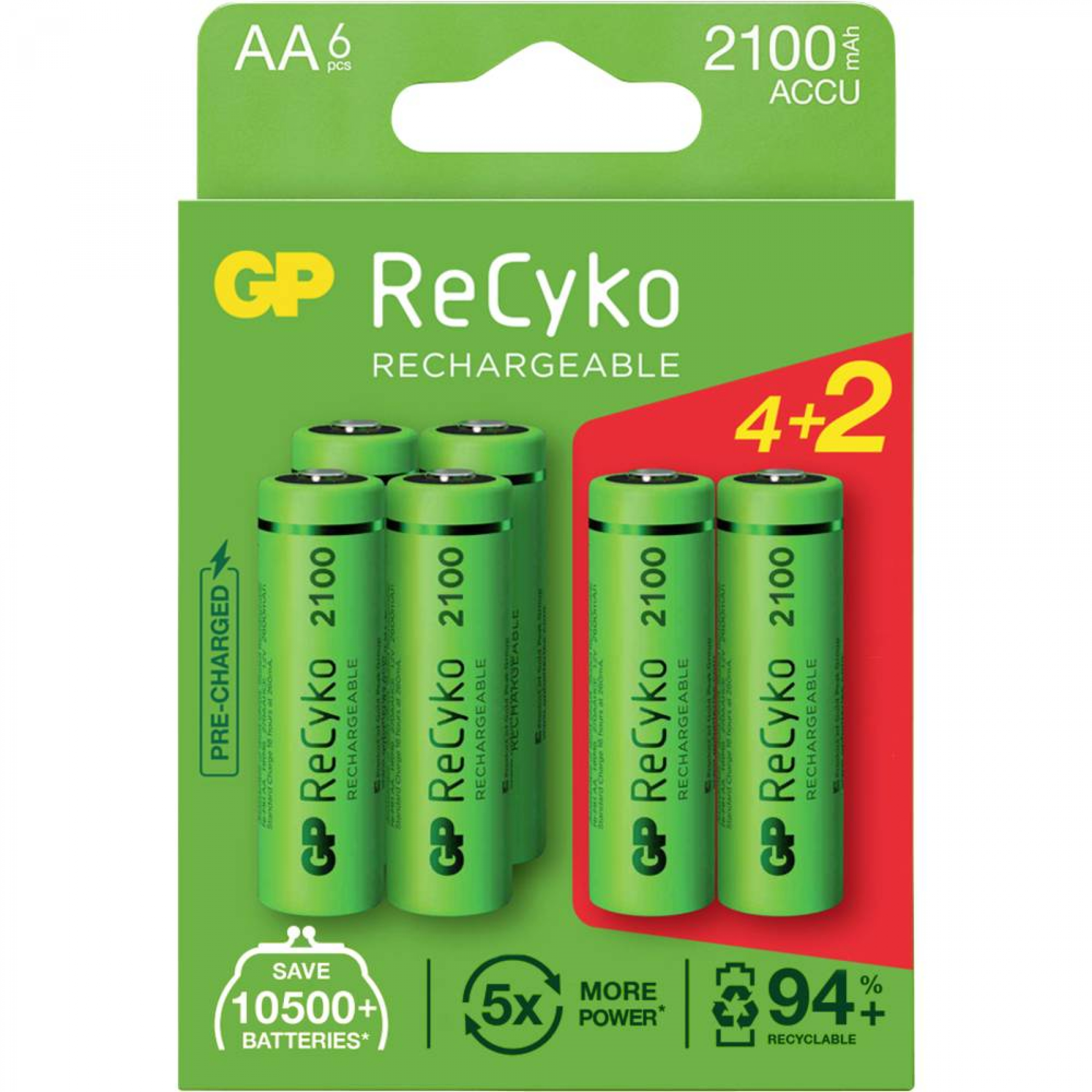 GP Recyko NiMH AA Mignon 4+2 2100 mAh R2U - 6er Blister