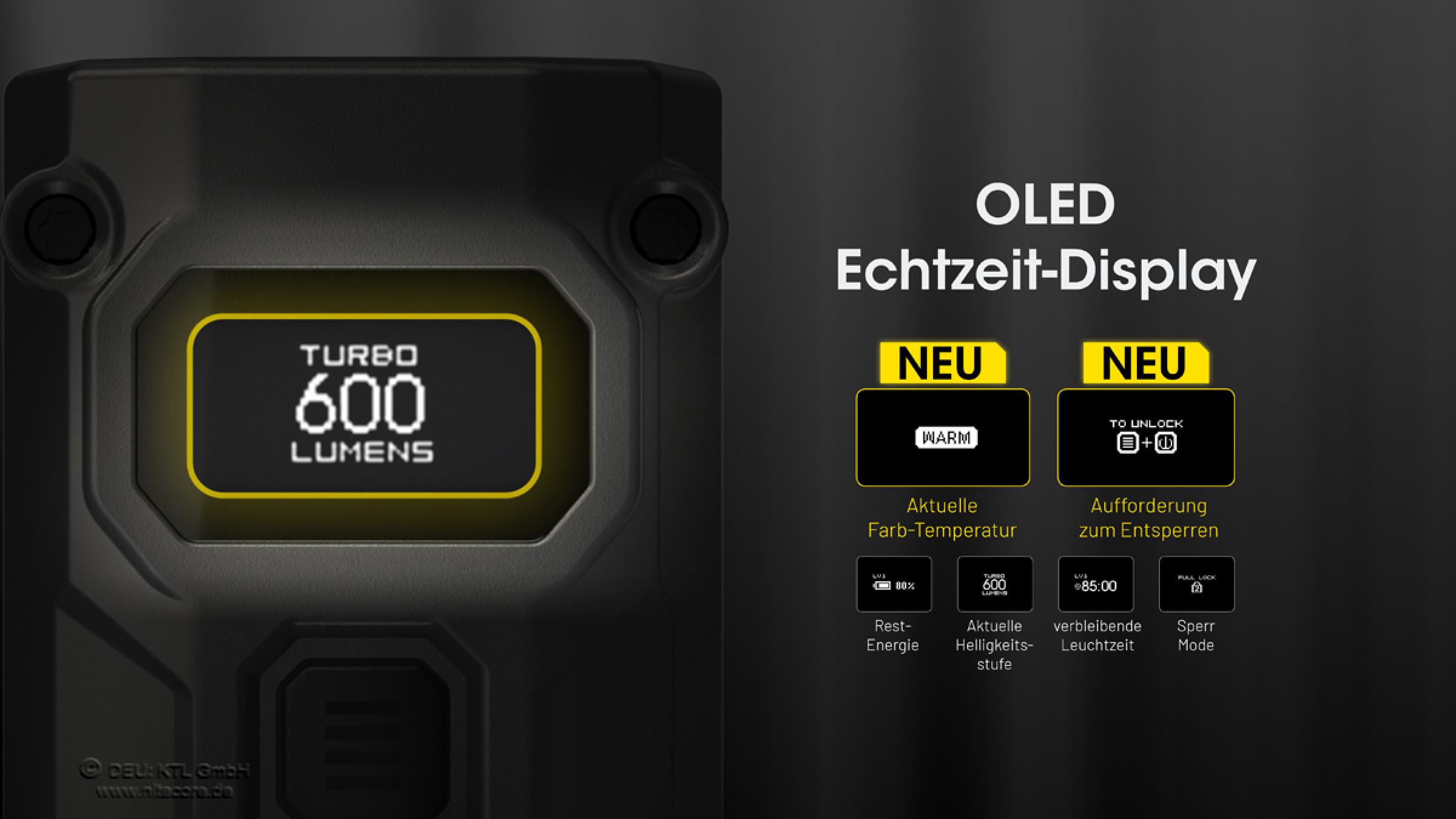 Nitecore Taschenlampe TINI 3 schwarz - 600 Lumen, OLED-Display