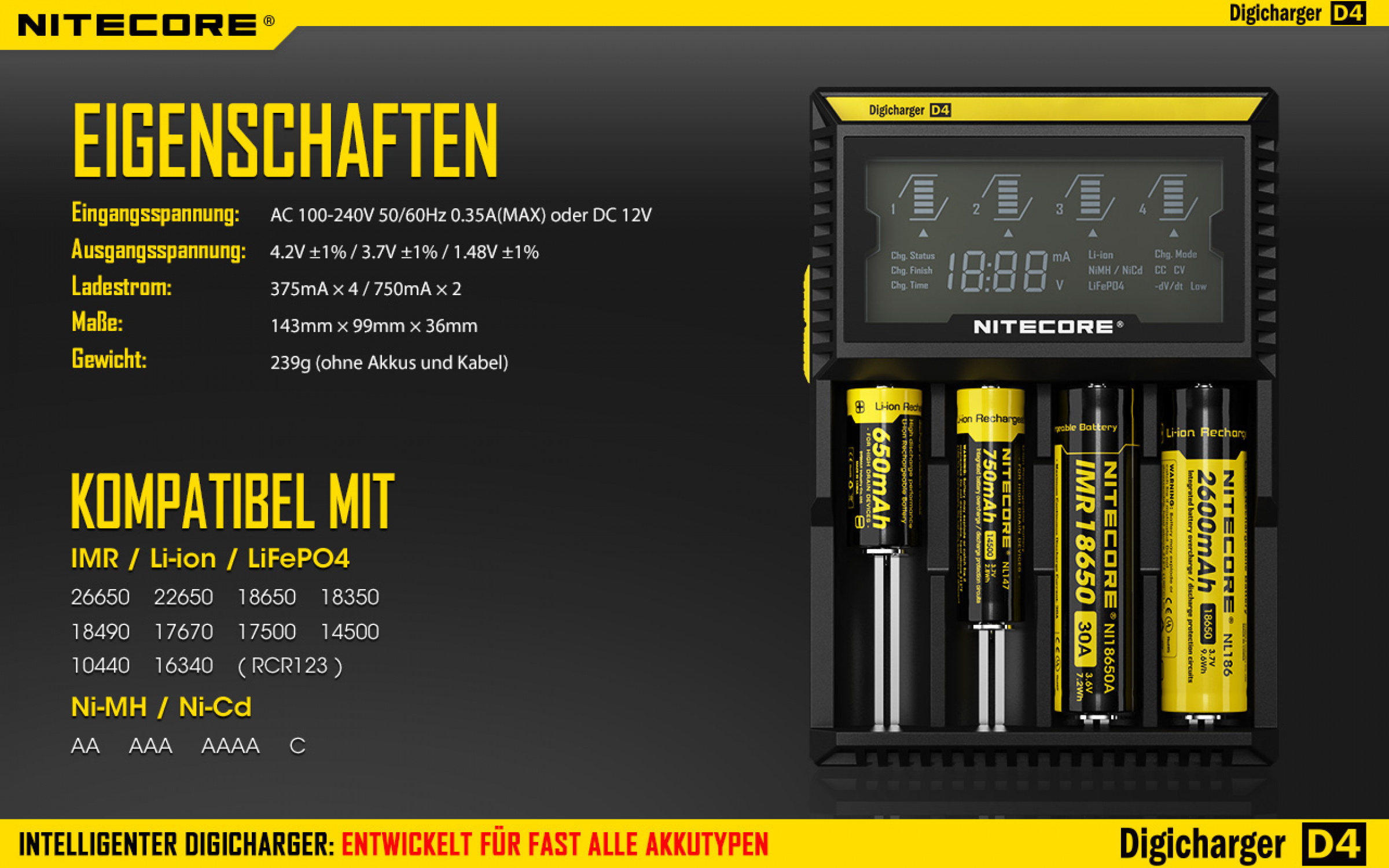 Nitecore Digital D4EU Li-Ionen, Lifepo4 + NiMH Ladegerät