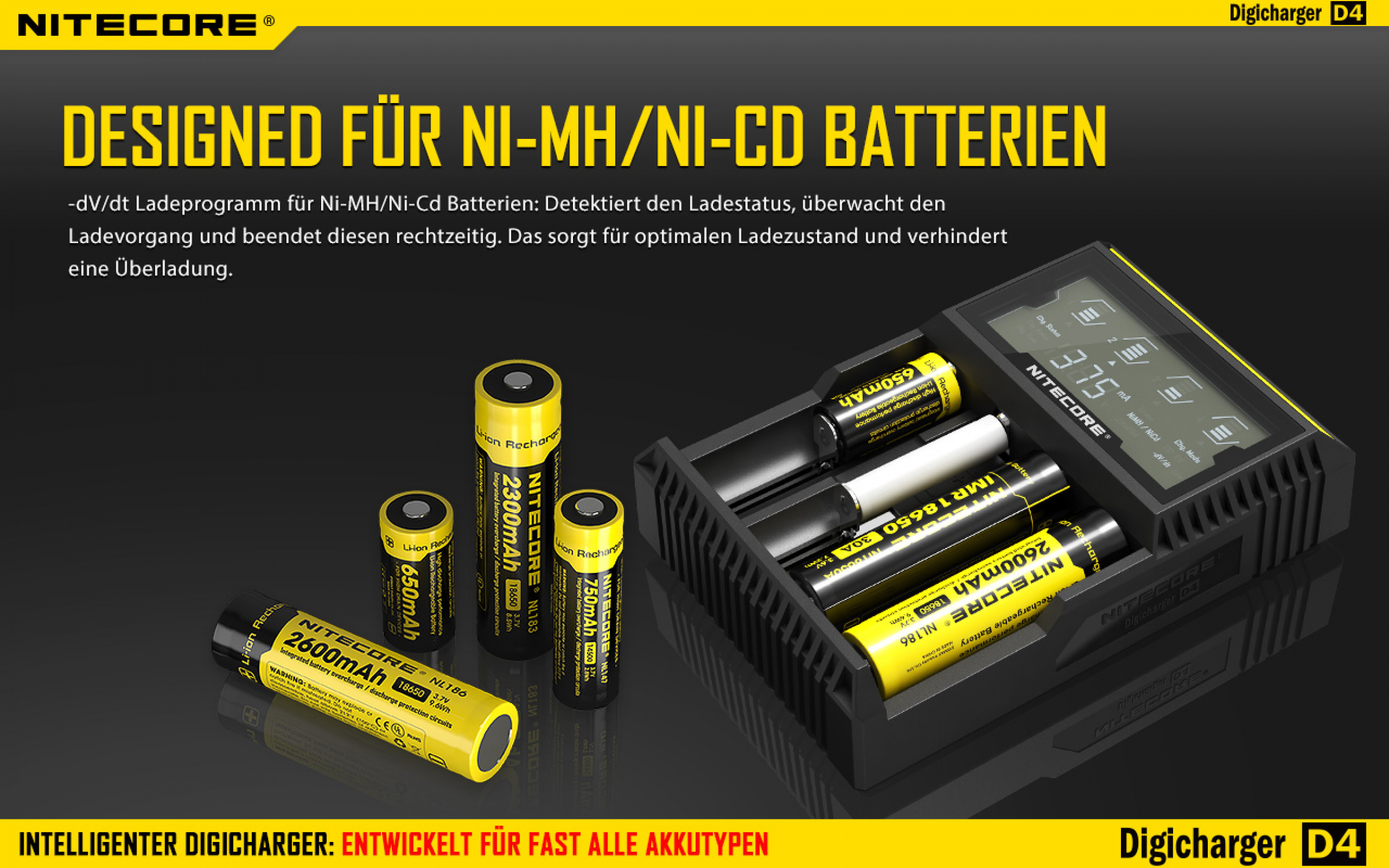 Nitecore Digital D4EU Li-Ionen, Lifepo4 + NiMH Ladegerät