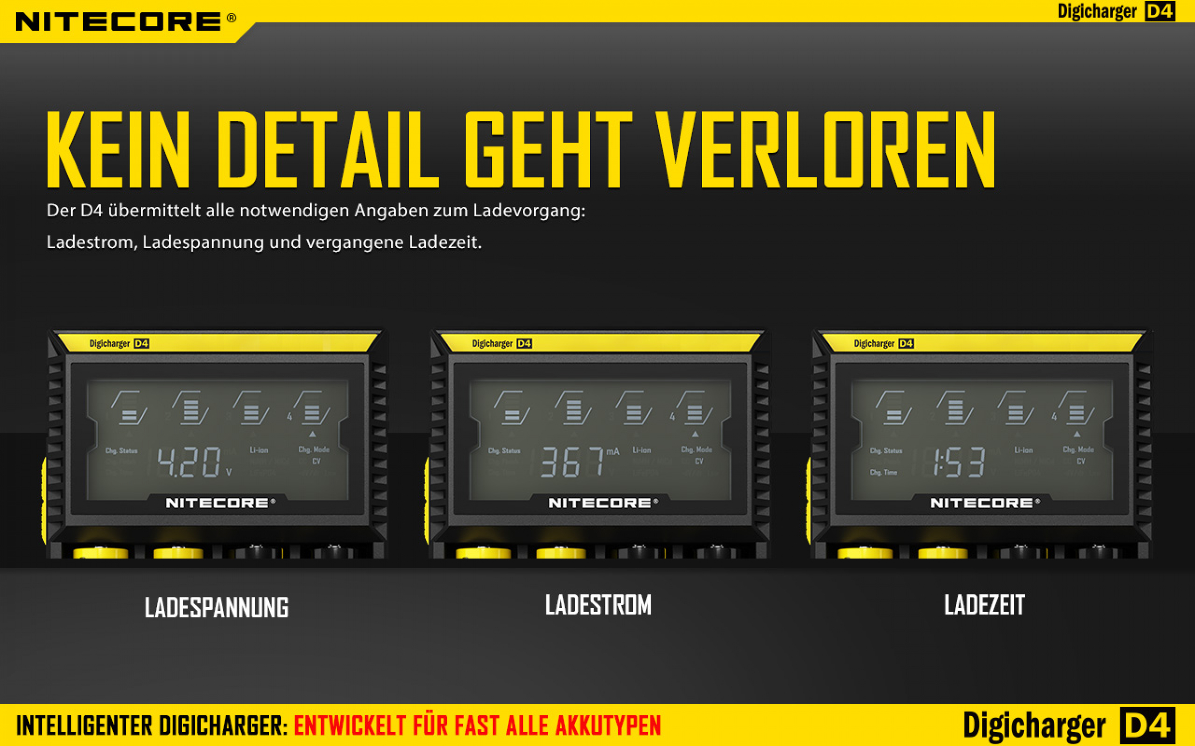 Nitecore Digital D4EU Li-Ionen, Lifepo4 + NiMH Ladegerät