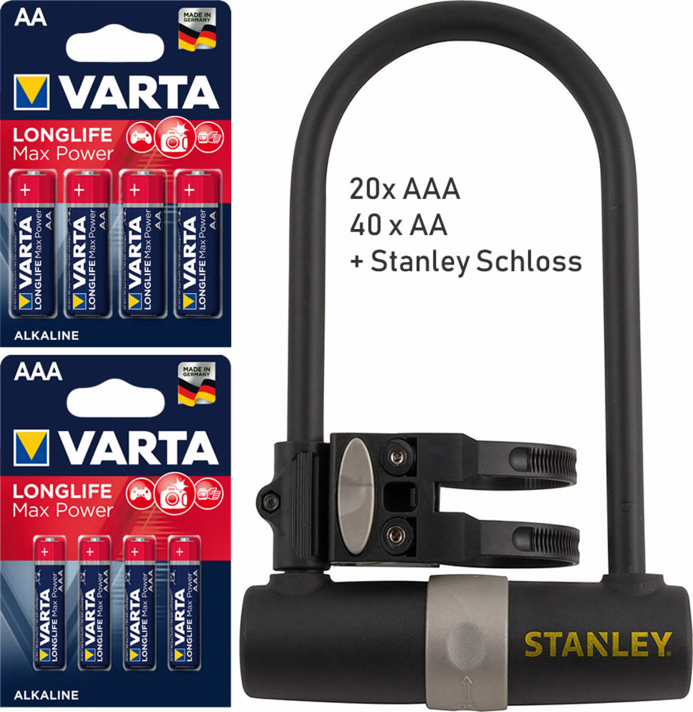 Varta Longlife Maxpower Aktionspaket + Zugabe Stanley Bügelschloss
