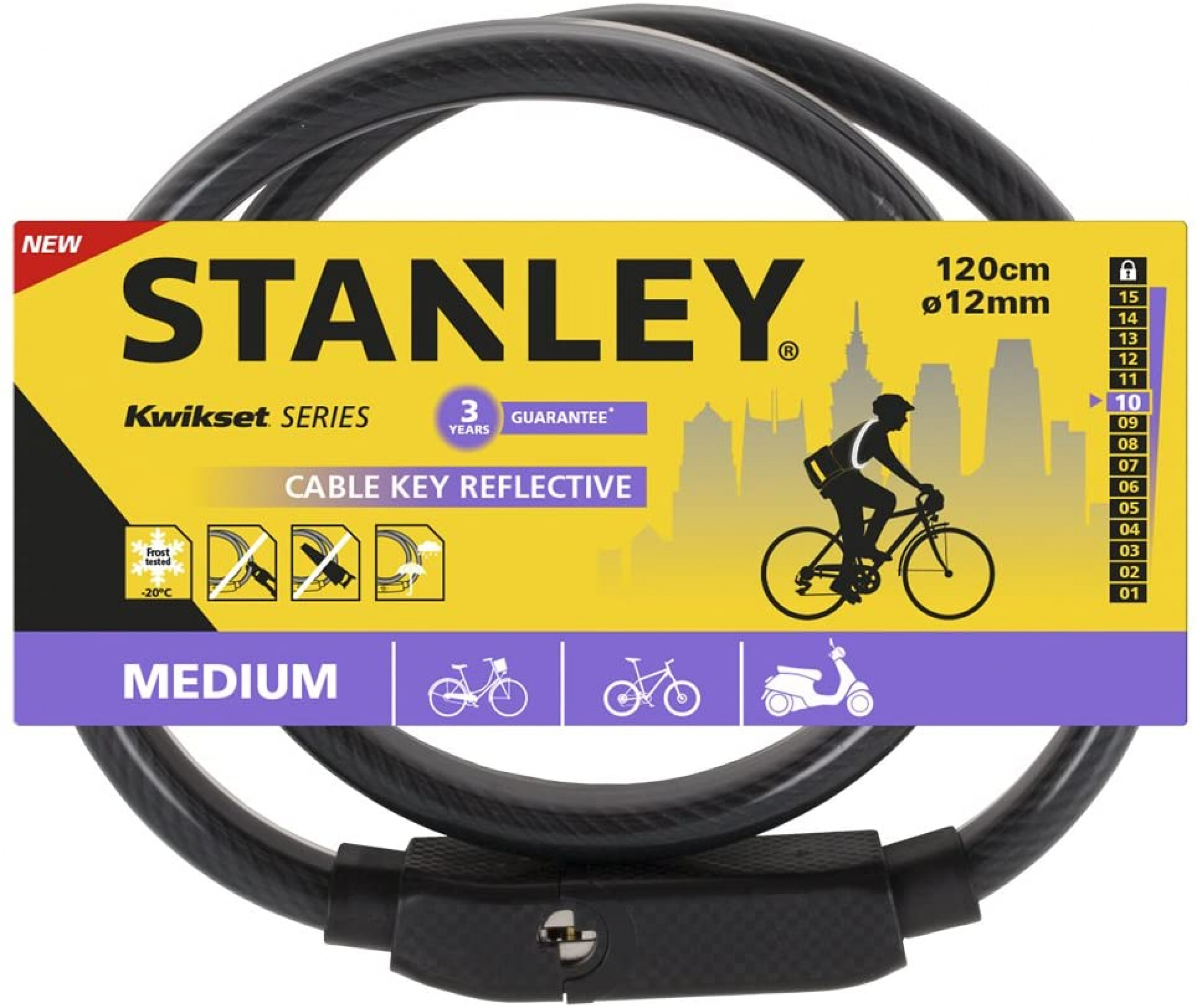 STANLEY Reflective Key Cable Fahrradschloss 12mm x 1200mm, 3 Schlüssel, S741-161, Kabelschloss reflektierend mit Schlüssel
